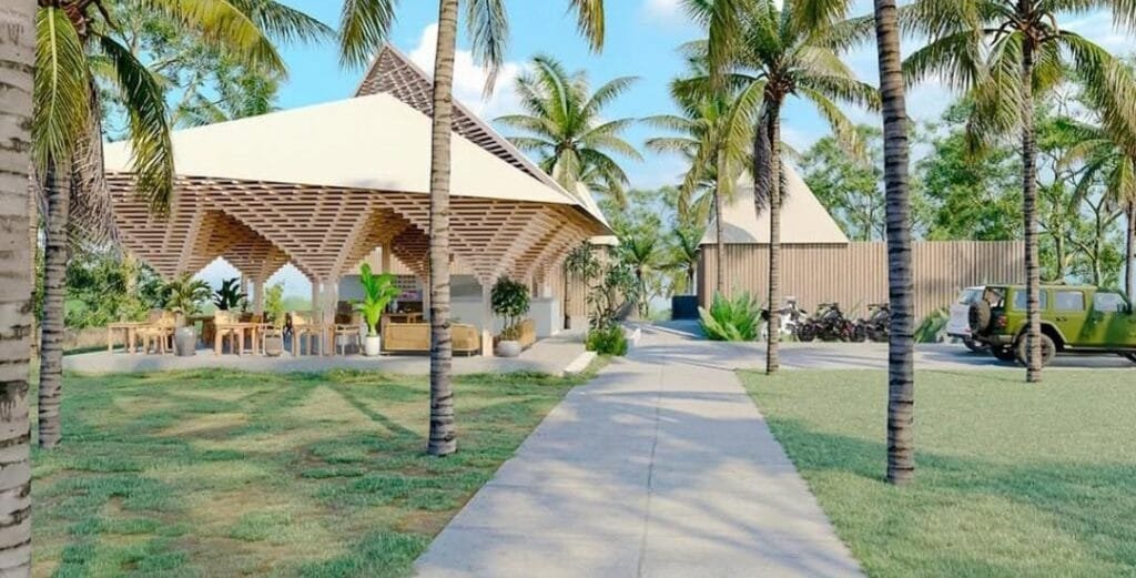 Architectural render: the open-sided cafe and reception building at Riloka