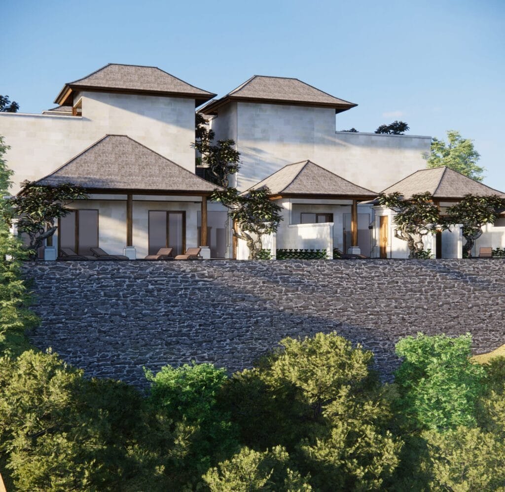 Architectural render, not a photograph: the two-storey Dwi House at Riloka Villas Ubud above a stone retaining wall, seen from the valley