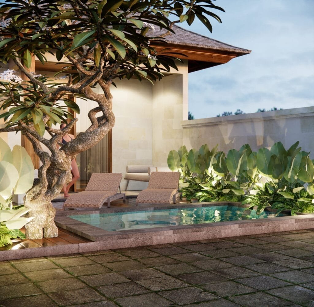 Architectural render, not a photograph: the pool and terrace of an Eka villa at Riloka Villas Ubud at dusk, under an old frangipani tree