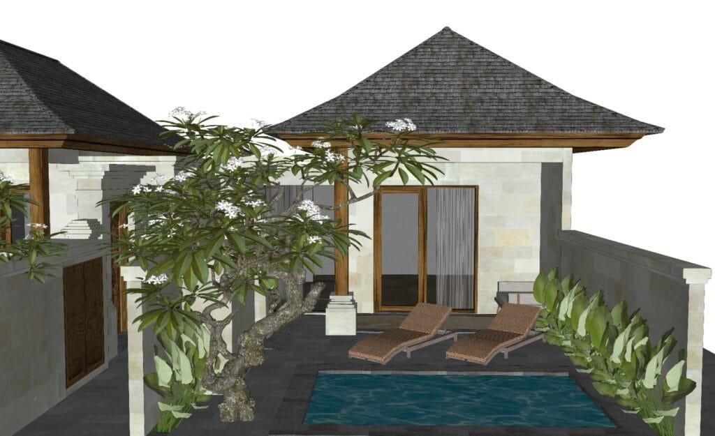 Architectural render, not a photograph: a Sama villa at Riloka Villas Ubud, with a frangipani tree, loungers and a private pool