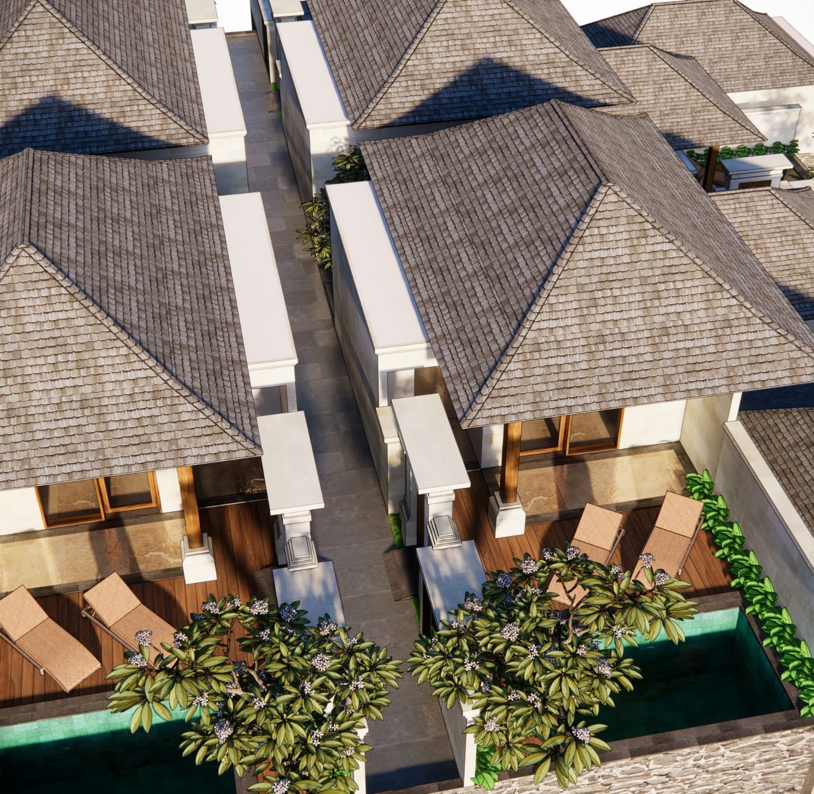 Architectural render, not a photograph: aerial view of the shingle roofs, private pools and frangipani courtyards at Riloka Villas Ubud