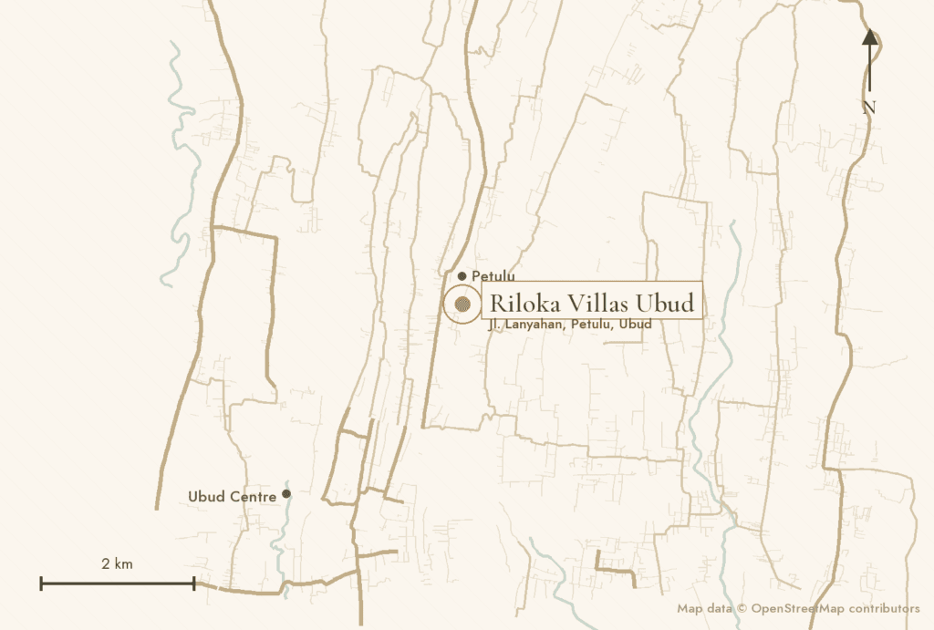 Map showing Riloka Villas Ubud on Jl. Lanyahan in Petulu, north of Ubud centre